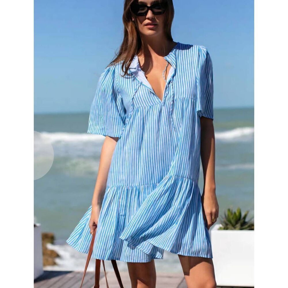 Emerson Frye Isla Mini Dress Sunday Stripe Bluesy Organic Cotton XS/S Coastal